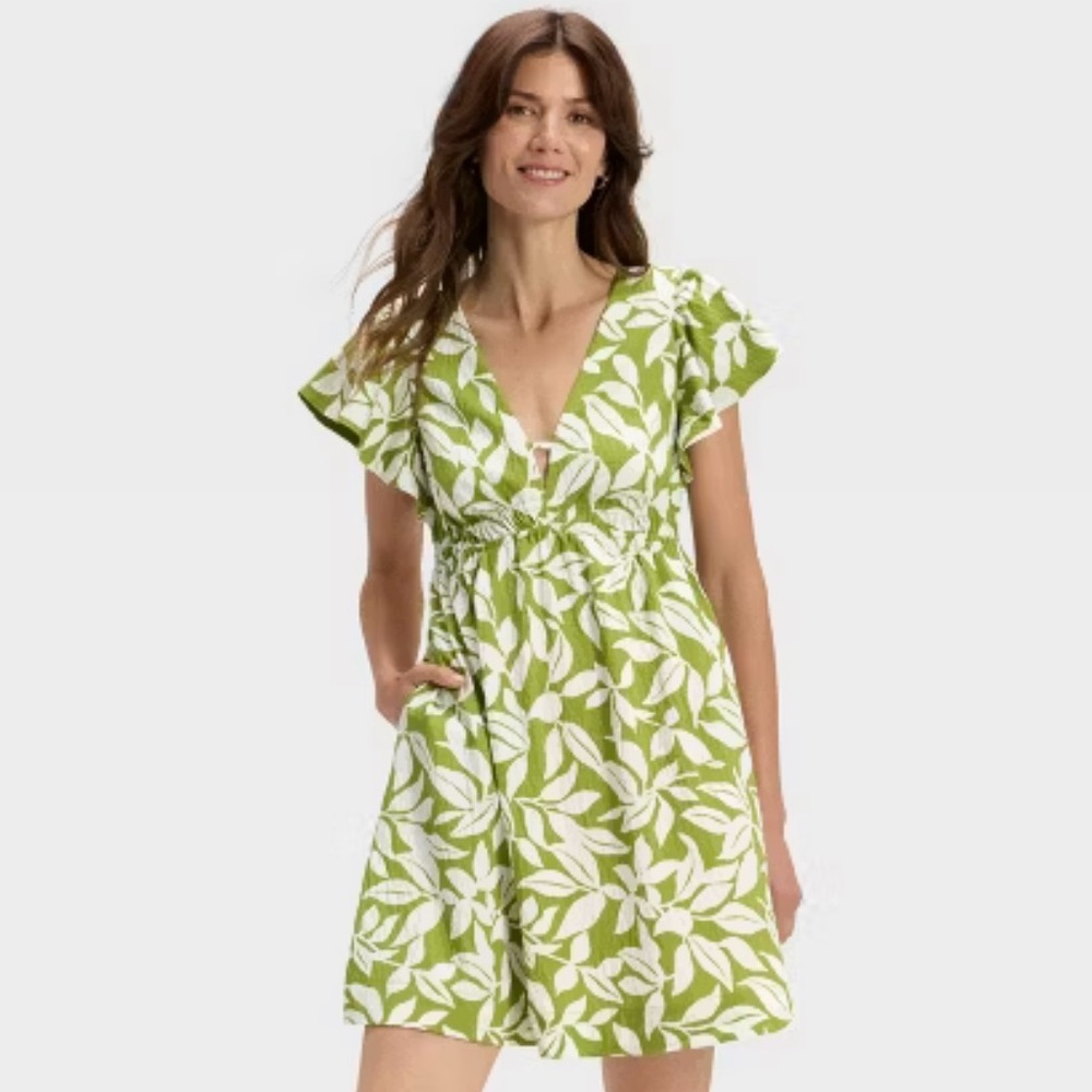 NWT- A New Day Green & White Flutter Sleeve Dress